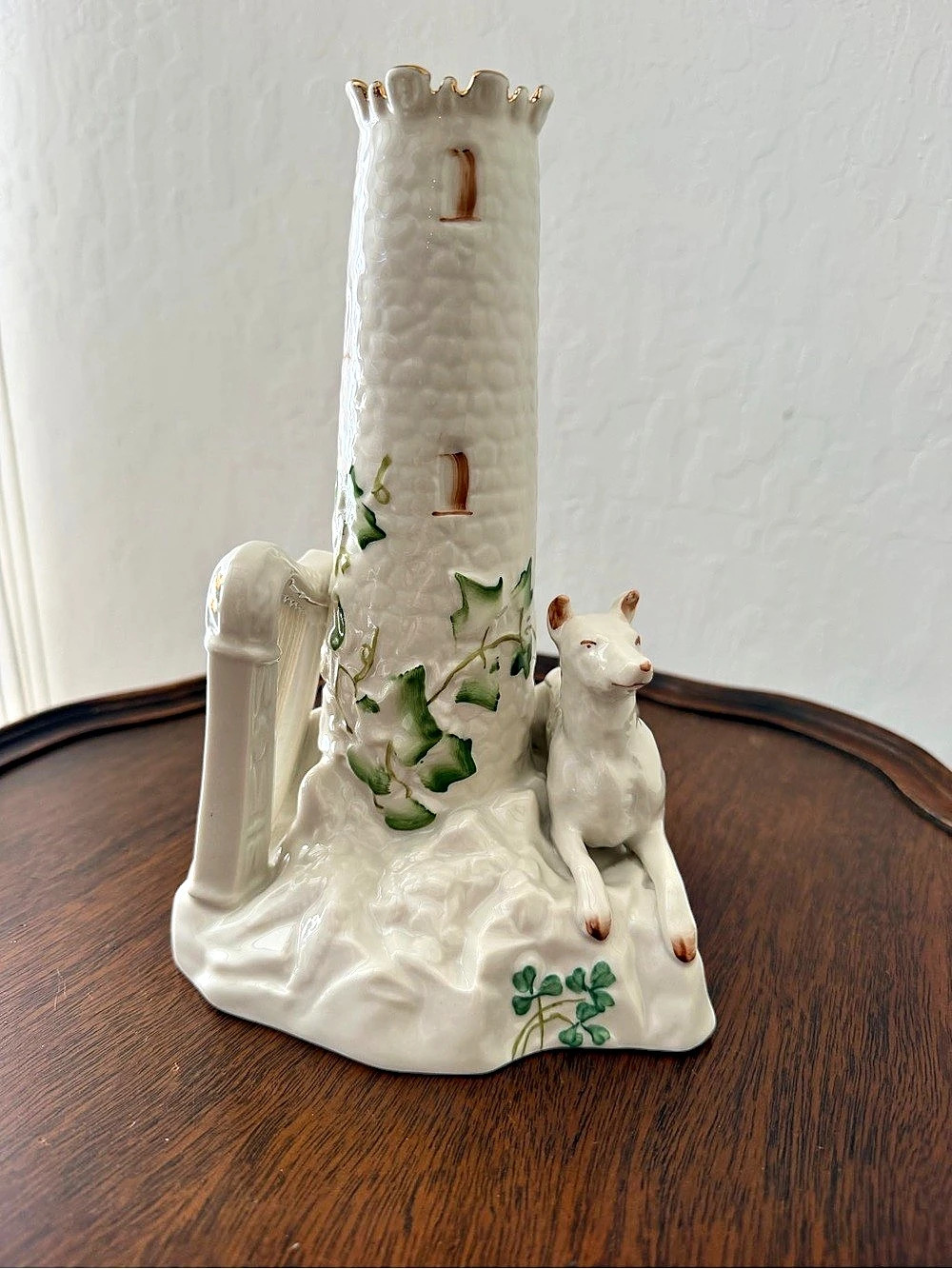 Belleek Round Tower (Gold Harp) ) Porcelain Figurine White & Green Like New